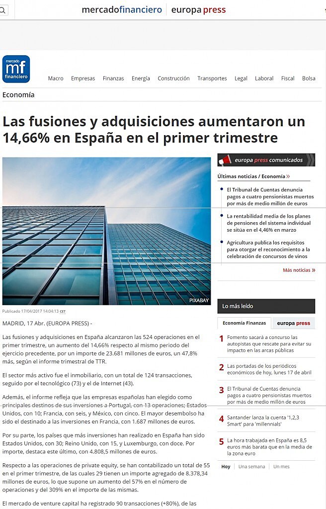 Las fusiones y adquisiciones aumentaron un 14,66% en Espaa en el primer trimestre